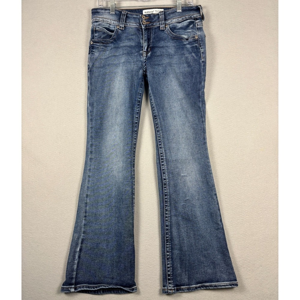 Telepatia Flare Jeans Flap Pocket Medium Wash Size 13/31 Blue Y2k Boho